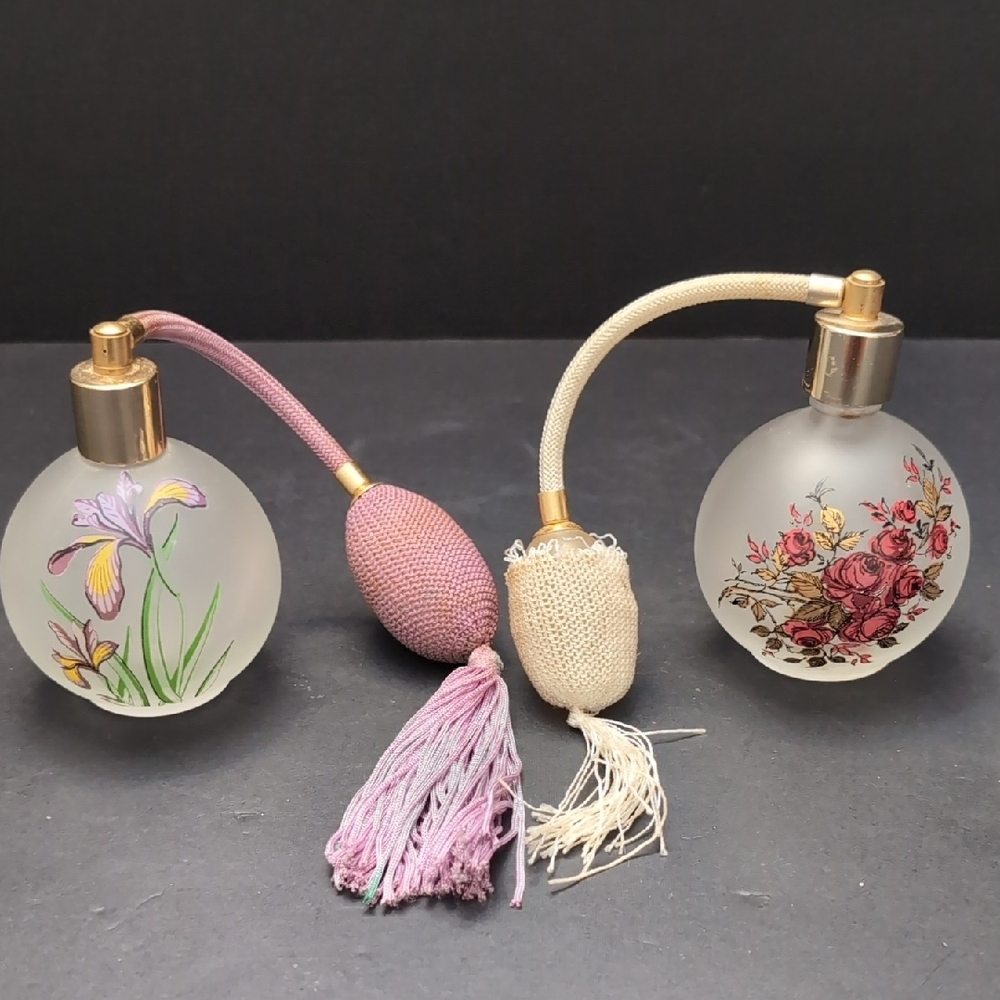 Vintage Set of 2 Clear Satin Glass Floral Atomizer Perfume Bottles.